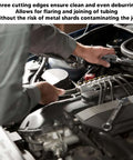 Mechanic using Tubing Deburring And Flaring Tool For Brake Lines Three Sixteenth To One Half Inch Hand Reamer For Metal Brake Line Rimming And Deburring on car engine