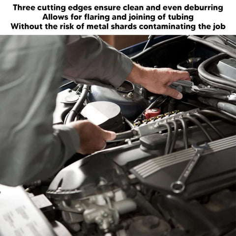 Mechanic using Tubing Deburring And Flaring Tool For Brake Lines Three Sixteenth To One Half Inch Hand Reamer For Metal Brake Line Rimming And Deburring on car engine
