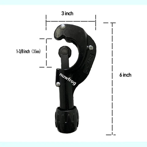 Versatile Tubing And Pipe Cutter For Copper Brass PVC Thin Stainless Steel And Aluminum From One Eighth Inch To One And Three Eighths Inch Outer Diameter With An Extra Blade And Reamer Lightweight Alloy Steel For Clean Precise Cuts In Plumbing And DIY shown with size measurements