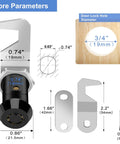 Diagram showing dimensions of a black zinc alloy tubular cam lock with hook cam, fitting 3/4 inch door lock hole diameter.