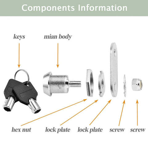 Components of Tubular Cam Lock With Keys For Cabinets And Drawers Five Eighth Inch Cylinder Keyed Different Security Solution