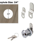 Secure cabinets, drawers, mailboxes and tool boxes with 5/8 inch keyed-alike cam locks showing components and dimensions.