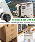 Two Pack Toolbox Locks With Keys Five Eighths Inch Tubular Cam Locks Keyed Alike Hook Cam Locks For Tool Box Drawer Cabinet Mailbox Zinc Alloy Durable Security shown with applications in an RV, workshop, and cabinets.
