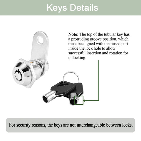 Tubular Cam Lock With Keys For Cabinets And Drawers Five Eighth Inch Cylinder Keyed Different Security Solution shown with keys