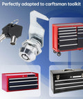 Durable 5/8 inch tubular cam toolbox locks with two keys, zinc alloy chrome finish, shown with various tool chests.