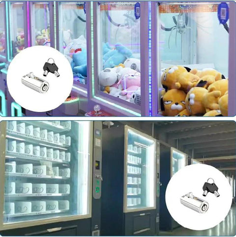 Tubular Vending Machine Lock With Key For Soda And Snack And Candy And Gumball Machines Universal Fit All Keys Alike shown in use.