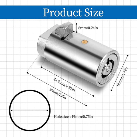 Dimensions of Tubular Vending Machine Lock With Key for soda, snack, candy, and gumball machines, showing measurements and fit details.