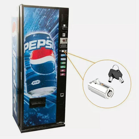 Vending machine with tubular lock and key, highlighting Tubular Vending Machine Lock With Key For Soda And Snack And Candy And Gumball Machines Universal Fit All Keys Alike For One Key Access Durable Tamper Resistant Locking System Ideal Replacement Lock For Public Vending.