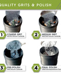 Four Step Rock Tumbler Grit and Polish Refill Kit includes four grit grades and a final polish in labeled containers