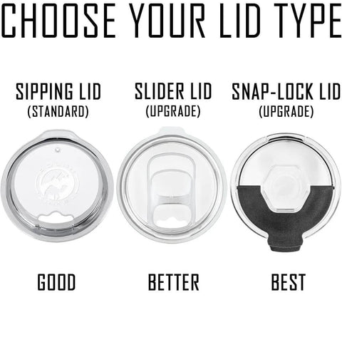 Image of three tumbler lid options: Sipping Lid (Standard), Slider Lid (Upgrade), Snap-Lock Lid (Upgrade) for Custom Engraved 20oz Vacuum Insulated Tumbler With Silicone Grip In Black Motorcycle Theme Badass Personalization Included Keeps Drinks Cold 24 Hours Or Hot 8 Hours Durable Steel Gift For Riders.