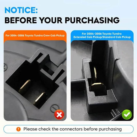 HVAC Blower Motor Assembly connector comparison for Toyota Tundra 2000-2006, excludes Crew Cab Pickup, showing correct fit