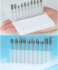 Ten Piece Tungsten Carbide Burr Set With One Eighth Inch Shank for Dremel Milwaukee DeWALT shown in clear plastic case