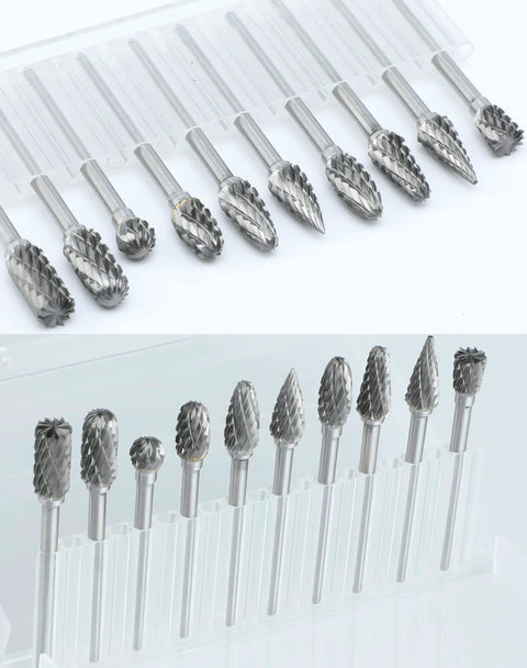 Ten Piece Tungsten Carbide Burr Set With One Eighth Inch Shank For Dremel Milwaukee DeWALT Rotary Tools Attachment Kit