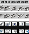 Ten Piece Tungsten Carbide Double Cut Rotary Burr Set With One Eighth Inch Shank For Rotary Tools showing 10 different shapes