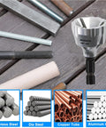 Heavy Duty Deburring Chamfer Tool with Tungsten Carbide Blades and Fast Hex Shank displayed with various metal rods and pipes.