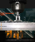 2-Pack 3/4 Inch Tungsten Carbide Tipped Hole Saws Set in use on metal cutting machine with heavy duty 19mm cutter.