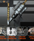Close-up of 2-Pack 3/4 Inch Tungsten Carbide Tipped Hole Saws Set cutting stainless steel, showing heavy duty 19mm cutters and pilot bits.
