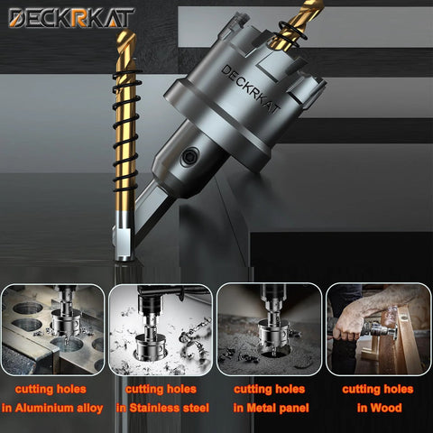 Close-up of 2-Pack 3/4 Inch Tungsten Carbide Tipped Hole Saws Set cutting stainless steel, showing heavy duty 19mm cutters and pilot bits.