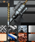 2-Pack 3/4 Inch Tungsten Carbide Tipped Hole Saws Set for Stainless Steel, Metal, Iron, and Plastic shown with cutting examples