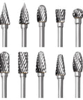 Ten Piece Tungsten Carbide Double Cut Rotary Burr Set With One Eighth Inch Shank for rotary tools, shown in a row on white background.