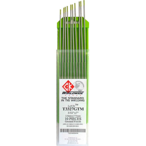 Layzr Chartreuse EWG LaYZr Tungsten Electrode Three Thirty Second Inch By Seven Inch 10 Pack For Robotic Welding Lanthanum Zirconium Yttrium Oxide Core Non Radioactive Optimized For AC And DC Low Voltage Tolerance CK T3327GTM in packaging