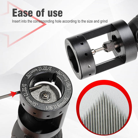 Close-up of Aluminum Tungsten Electrode Sharpener Grinder Head For TIG Welding Tool with 25mm Diamond Wheels in use