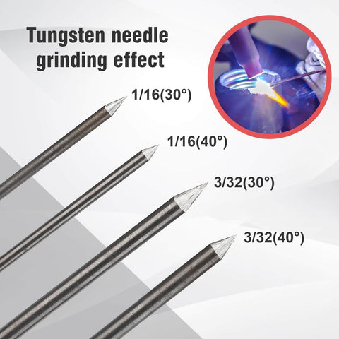 Tungsten needles showing grinding effect with angles 1/16(30°), 1/16(40°), 3/32(30°), 3/32(40°) for TIG welding application
