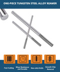 Close-up of one-piece tungsten steel alloy reamer with icons for fast cutting, wear resistance, non-stick, and chip removal.