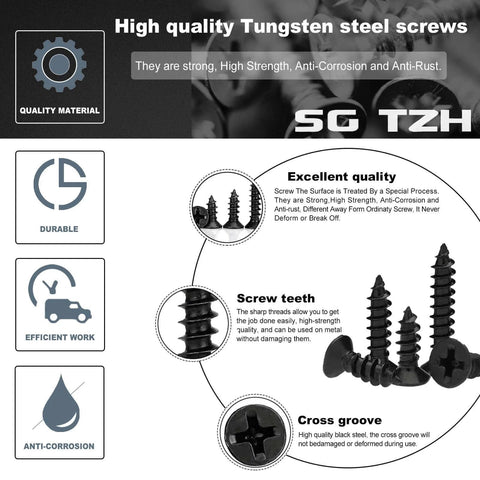 High quality tungsten steel screws with anti-corrosion and efficient work features displayed with durability icons.