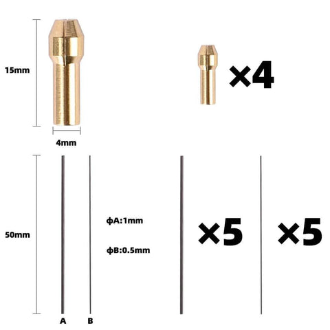 Jewelry Spot Welding Pen With Tungsten Needle Clip And Pole Clip shown with rods and sizes for jewelry repair and DIY metal work
