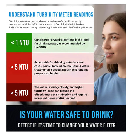 Water Tester for Drinking Water- TDS Meter usage guide with turbidity meter readings explanation and person drinking water