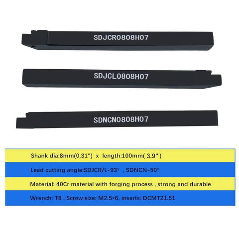 Carbide Turning Inserts Set DCMT21.51 070204 55 Degree With One Sixty Fourth Inch Radius, three black tool holders, and T8 wrenches.