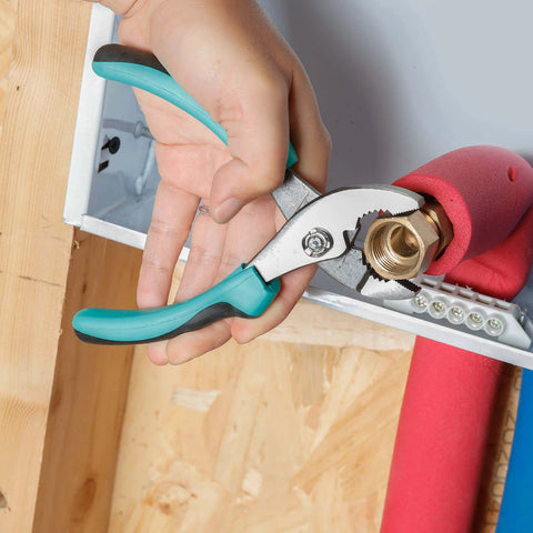 Using pliers from the 104 Piece Home Repair Tool Set with Easy Carrying Pouch for DIY Projects and Everyday Fixes in turquoise pouch.