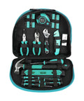 104 Piece Home Repair Tool Set With Easy Carrying Pouch For DIY Projects And Everyday Fixes Includes Hammer Pliers Magnetic Screwdrivers And Bits Wrenches Utility Knife Level And More In A Turquoise Portable Kit displayed open with tools organized inside