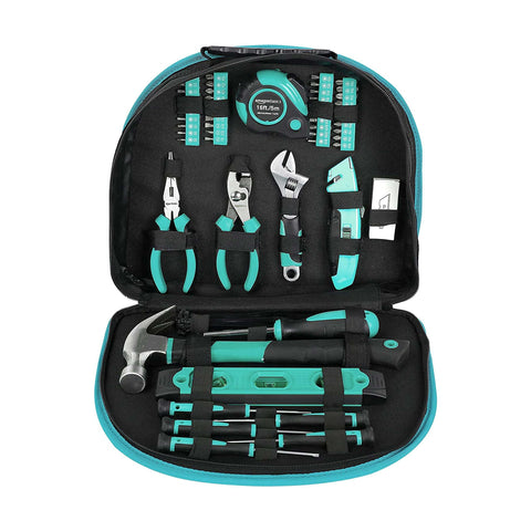 104 Piece Home Repair Tool Set With Easy Carrying Pouch For DIY Projects And Everyday Fixes Includes Hammer Pliers Magnetic Screwdrivers And Bits Wrenches Utility Knife Level And More In A Turquoise Portable Kit displayed open with tools organized inside