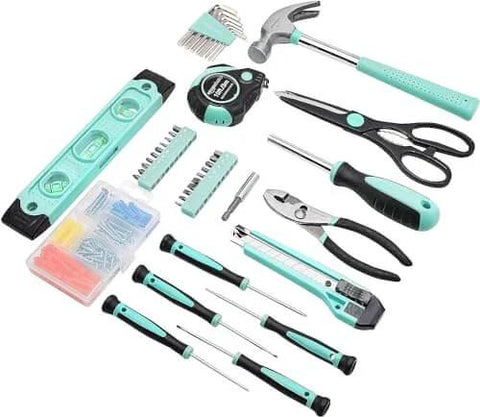 142-Piece Home Repair Tool Kit With Storage Case For Everyday DIY Projects And Home Fixes Packed With Hammer, Tape Measure, Pliers, Precision Screwdrivers And Bits, Hex Keys, Scissors, Utility Knife In A Turquoise Case