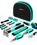 104 Piece Home Repair Tool Set With Easy Carrying Pouch For DIY Projects And Everyday Fixes Includes Hammer Pliers Magnetic Screwdrivers And Bits Wrenches Utility Knife Level And More In A Turquoise Portable Kit displayed with tools and pouch