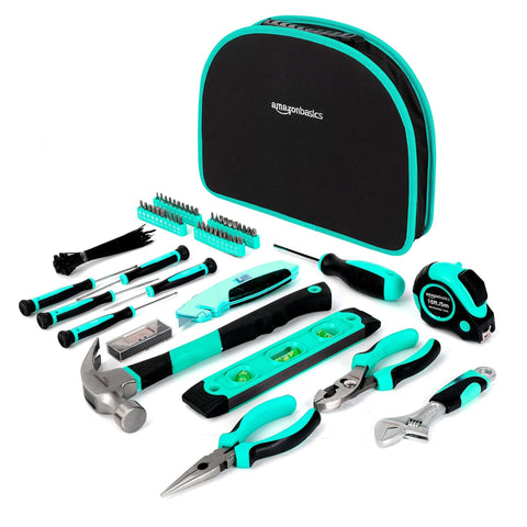 104 Piece Home Repair Tool Set With Easy Carrying Pouch For DIY Projects And Everyday Fixes Includes Hammer Pliers Magnetic Screwdrivers And Bits Wrenches Utility Knife Level And More In A Turquoise Portable Kit displayed with tools and pouch
