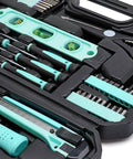 Close-up of 142-Piece Home Repair Tool Kit With Storage Case For Everyday DIY Projects And Home Fixes in a turquoise case