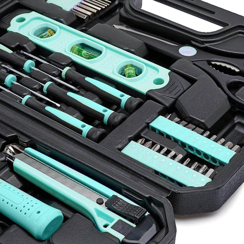Close-up of 142-Piece Home Repair Tool Kit With Storage Case For Everyday DIY Projects And Home Fixes in a turquoise case