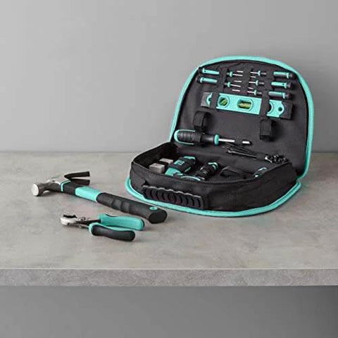 104 Piece Home Repair Tool Set With Easy Carrying Pouch For DIY Projects And Everyday Fixes Includes Hammer Pliers and more in turquoise kit