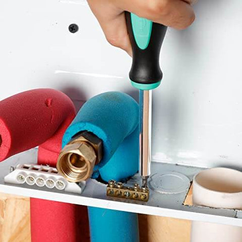 Using 104 Piece Home Repair Tool Set With Easy Carrying Pouch For DIY Projects And Everyday Fixes Includes Hammer Pliers Magnetic Screwdrivers And Bits Wrenches Utility Knife Level And More In A Turquoise Portable Kit to adjust screws on pipes.