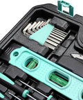 Close-up of 142-Piece Home Repair Tool Kit With Storage Case For Everyday DIY Projects And Home Fixes in a turquoise case.
