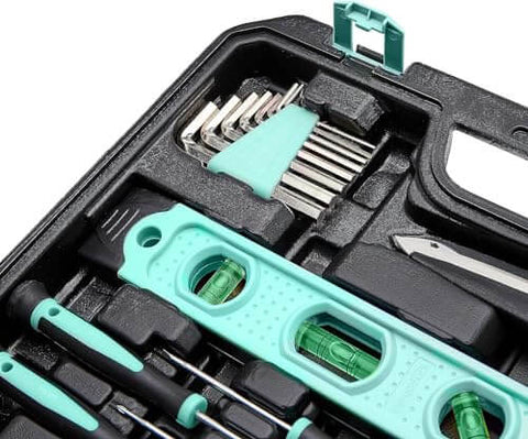 Close-up of 142-Piece Home Repair Tool Kit With Storage Case For Everyday DIY Projects And Home Fixes in a turquoise case.