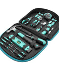 104 Piece Home Repair Tool Set With Easy Carrying Pouch For DIY Projects And Everyday Fixes Includes Hammer Pliers Magnetic Screwdrivers And Bits Wrenches Utility Knife Level And More In A Turquoise Portable Kit