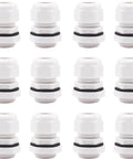 Twelve Pack One Half Inch NPT Cable Glands, Adjustable Six To Twelve Millimeter White Nylon Plastic Waterproof IP68 With Gaskets