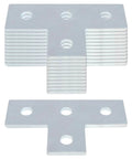 Set Of Twelve Four Hole T Shaped Flat Plate Fittings For One And Five Eighths Inch Strut Channel Carbon Steel Connector Brackets Three Sixteenths Inch Thick Electro Galvanized Finish Silver, stacked view.