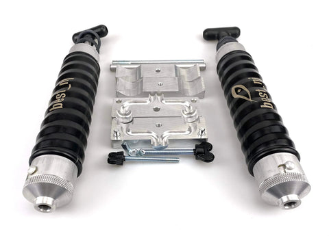 Twin 120 Milliliter Aluminum Injector Mixing Set For Soft Plastic Fishing Lures And Molds With Locking Nozzle, shown with components.