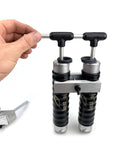 Twin 120 Milliliter Aluminum Injector Mixing Set for Soft Plastic Fishing Lures shown with dual reservoirs and locking nozzle