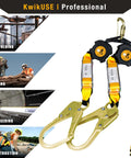 Six Foot Twin Leg Self Retracting Lifeline No Tangling Web SRL Lanyard Class One Fall Protection ANSI OSHA Compliant Lightweight Polymer Webbing With Two Three Quarter Inch Polyester Straps shown with scaffolding, roofing, engineering, and construction applications.